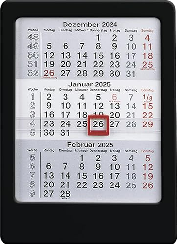 Zettler - 3-Monats-Tischaufsteller 2025 schwarz,12x16cm, Tischkalender mit 3 Monaten auf 1 Seite, Datumsschieber, Feiertage hervorgehoben, Wochenzähler und deutsches Kalendarium