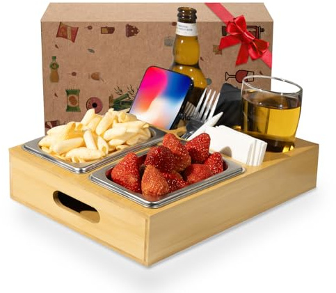 Couchbar Snackbox aus Bambus Holz,Mit Snackschale und Weinglashalter,SofaBar Geeignet für Wohnzimmer Sofa Restaurant Picknick Party als männer geschenke