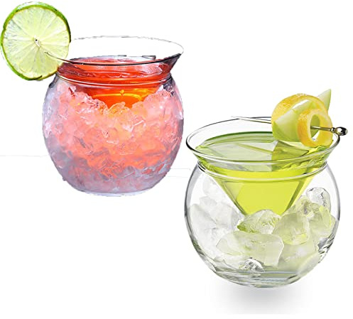 RXMORI 2-teilige Martini-Gläser ohne Stiel mit Kühler-Set, Glas-Kaviar-Kühler-Server-Set, Universal-Martini, Wein, Likör-Cocktail-Kühlbecher, Cocktailglas mit Eishalter für Martini(260 ml)