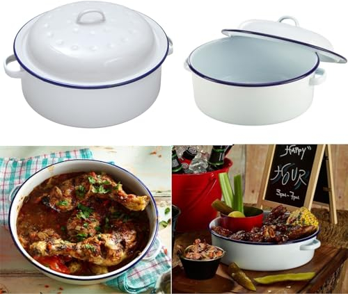 VG® Round Vitreous Enamel Roaster with Lid Oven Safe 20cm Diameter Ideal for Oven to Table use, White with Blue Rim,Self-Basting Ideal for Traditional Roasts Cook Hearty Family Meals Casserole Stew