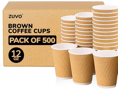 Zuvo Disposable Coffee Cup - 12 OZ - Box of 500 Cups Ripple Takeaway Paper Coffee Cups Without Lids Bulk Disposable Cups Tripple Wall Heat Resistant