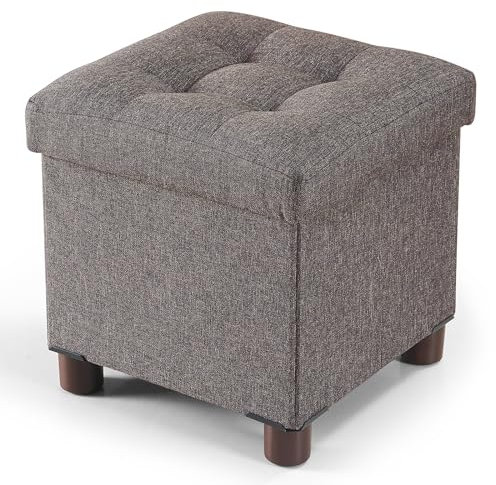 BRIAN & DANY Caja de almacenamiento otomana pequeña de 32 x 32 x 32,5 cm, taburete de lino con patas de madera, reposapiés con tapa para sala de estar, dormitorio, color marrón