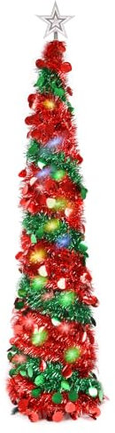 JUNIOO 1.5M/5FT Collapsible Pop Up Tinsel Tree,Artificial Christmas Tree with Shiny Sequins and LED Light for Xmas Holiday Home Party Decoration(Red&Green)