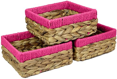 Small Water Hyacinth Square baskets for storage. Natural with Pink edges for shelves open hamper decorative gift mini tray make up Kitchen organiser (3 x Pack, Medium 18cm)