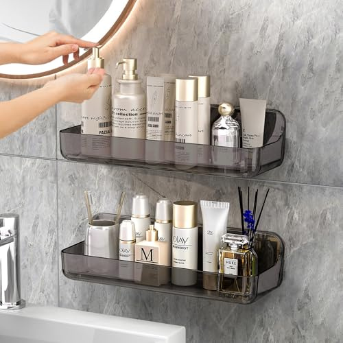 CGBE Duschablage Ohne Bohren, 2 Packs Transparenter Badezimmer Organizer für Wandmontage mit selbstklebendem Klebeband, Kunststoff-Duschregale für Badezimmer und Küche-Grey
