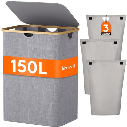 Lifewit 150L Wäschekorb mit Deckel, Wäschesammler 3 Fächer, Wäschebox Groß, Wäschesortierer, Wäschetonne, Wäsche Sortieren, Wäschebehälter, Laundry Baskets für Wäschekammer, Bad, Schlafzimmer, Grau