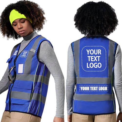 AYKRM Damen Warnweste - Personalisierbar mit Logo und Text - Reflektierend, Sicherheitsweste für Fahrrad - Mit Taschen - Blau, XS