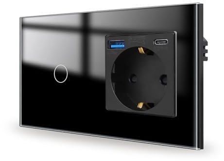 JIMEIDA Touch Lichtschalter mit Steckdose 20W Schnellladung Schwarz mit USB Ports (USB A und Type C) 1 Fach 1 Weg,Glas Panel und Status-LED Wandschalter,Kein Neutralleiter Erforderlich,157 * 86mm