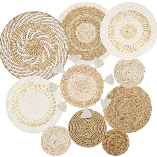 Weldomcor Boho Gewebtes Wandkorb-Set von 10 Rattan Wandkörbe Set Rustikale Handgewebte Wandkunst Makrame Wandkorb Dekor für Wanddekoration Schlafzimmer Kinderzimmer Wohnzimmer Bauernhaus