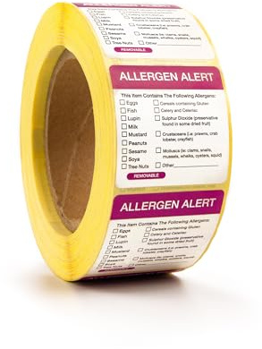 Food Allergen Labels, Roll of 1000 Stickers, EU Food Allergy Labelling Law Compliant (50x50MM Short)