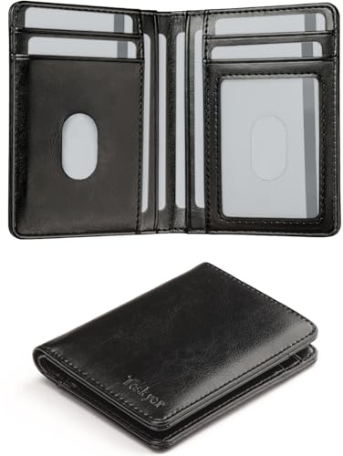 Portafoglio Teskyer in pelle da uomo, pieghevole a libro, con 9 scomparti per carte di credito e 1 scomparto per banconote, elegante portafoglio RFID blocco da uomo con confezione regalo, 8,6 x 11 cm
