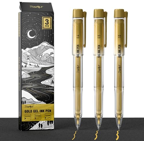JusArt 3er-Pack Gold-Gelstifte,Goldstift 0,4 mm, 0,5 mm und 1,0 mm Spitzen | Deckende Goldtintenstifte zum Schreiben, für Tagebucheinträge auf schwarzem Papier, zum Zeichnen und für Bastelarbeiten