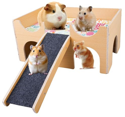 WANDGU Großes Meerschweinchenhaus aus Massivholz mit Rampe & 3 Eingängen: 38 x 24 x 18 cm Natürliches Kaninchenhaus, Meerschweinchen Zubehoer Kaninchenhaus für Ratten, Hamster & Kleintiere3