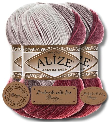 Hobby YARN 3x Etikettenlabel mit Alize Angora Gold Batik Wolle Premium 3x100g als Set, Yarn, Garn, Schurwolle, Farbverlauf, Strickgarn zum Häkeln, Stricken, Kleidung (1984)