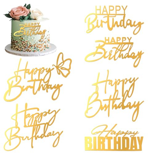 6 Pcs Happy Birthday Acrylic Cake Toppers Gold Flat Cakes Toppers, Cakes Inserts Happy Birthday Sign Side Mirror Decoration for DIY Party Cake Decorating Supplies