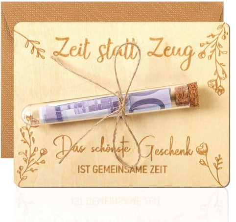 Zeit statt Zeug Geldgeschenk Verpackung, Zeit Statt Zeug Gutschein Geschenk | Lustige Holz Geldgeschenk mit Reagenzgläser, Geld geschenk für Geburtstag Hochzeit Weihnachten Jugendweihe, 13x10 cm