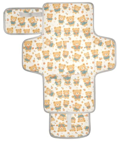 Wiederverwendbare Baby Wickelunterlagen mit Taschentuchtasche Wickelunterlage für Wickeltisch mit integriertem Kissen Gelb Retro Bären