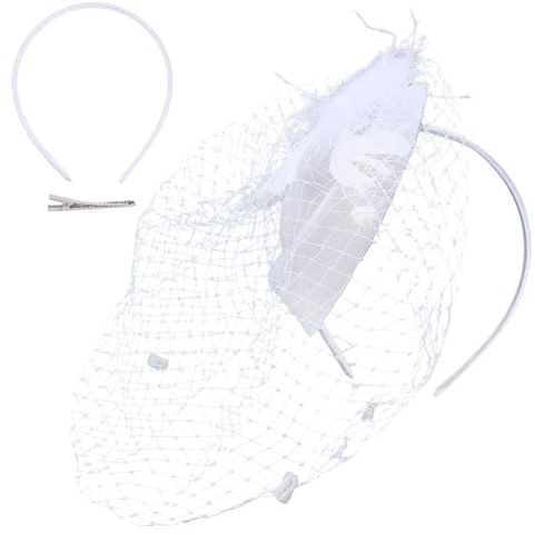CRAFTYMELODY Fascinator Hut Weißer Schleier Feder Fascinator Teeparty Brauthochzeit Retro Hut Haar Accessoires 13x11cm Federn Mit Netzschleier