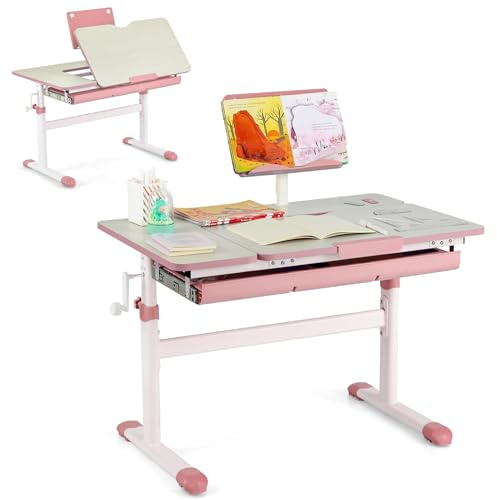 DREAMADE Kinderschreibtisch höhenverstellbar, Schülerschreibtisch neigungsverstellbar, Schreibtisch für Kinder mit Bücherständer & Schublade, Jugendschreibtisch, Schülerschreibtisch (Rosa)