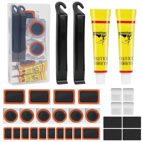 OSDUE Kit Reparation Velo,Rustine Velo Crevaison Kit Comprend Bouteille Colle Rustines Pieds-De-Biche Limes métalliques Feuilles de Papier abrasif résistant aux Vélos Route Motos
