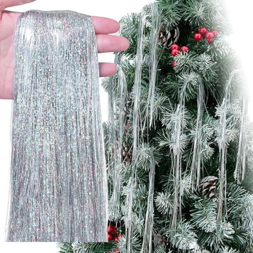 10000 Strands Christmas Tinsel Icicles,50cm Silver Aluminum Foil Tassel Christmas Tree Decoration Tinsel Foil Fringe Garland Angel Hair Tinsel Lametta for Holiday New Year,Birthday Party Supplies