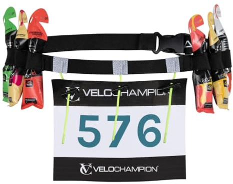 VeloChampion Marsupio da Corsa Leggero per Uomo e Donna. 6 Passanti per Gel Energetico. Portanumero di Gara Elastico - Non Servono Spille - 2 o 3 Fermi a Pressione (1, 3 Fermi)