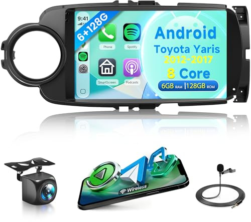 Rimoody 8 Core 6G+128G Android Radio Coche para Toyota Yaris GRMN 2012-2017 Inalámbrico Carplay Android Auto GPS Navi WiFi 9 Pulgadas Radio con Mirror Link Bluetooth FM/RDS/DSP/SWC/USB Cámara Trasera