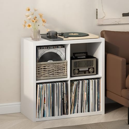 Furinno Cubicle Plattenspieler Regal mit Vinyl Aufbewahrung, 4-Würfel 1.2 Extra Dicke Vinyl Aufbewahrung, Offen Rückseitiges Medienregal für CD DVD Blueray Spiel Discs, für Wohnzimmer, Weiß