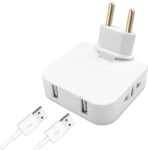 ONGNIUU Adaptador de Enchufe Europeo a Americano con 4 Puertos y Rotación 180°, Ladron Enchufe Plano con 2 Tomas + 2 USB, 4000W Máximo, Pared Extraplano, Ideal para Viajes y Espacios Estrechos