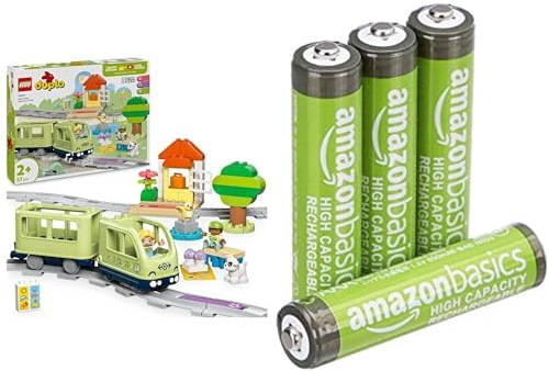 LEGO DUPLO Interactive Adventure Train, 14 tracks/sound, 2+ years, & Amazon Basics AAA Rechargeable 4 pack, 850mAh