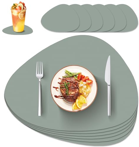 IKWOLETI Set de Table Réversible en Simili Cuir Végétalien avec sous Verre - Résistant à l'eau, Facile à Nettoyer, Protection Thermique jusqu'à 212°F (100°C), Idéal pour Cuisine et Bureau, Lot de 6
