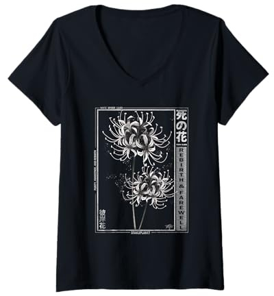 Donna Giglio Bianco Ragno in Giapponese Grunge Anime Floreale estetica Maglietta con Collo a V