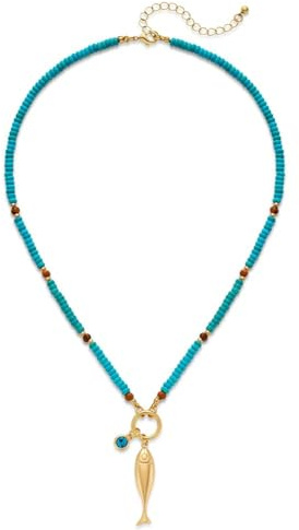 TOVABA - Collar con colgante de pez marino, cadena de perlas en turquesa, cadena dorada con pequeño motivo de pez, joyería de moda veraniega para mujer