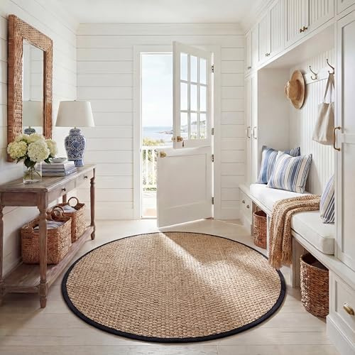 Safavieh Alfombra De Fibra Natural Sala de Estar, Comedor, Dormitorio - Natural Fiber Collection, Pelo Corto, Natural y Negro, 201 X 201 cm