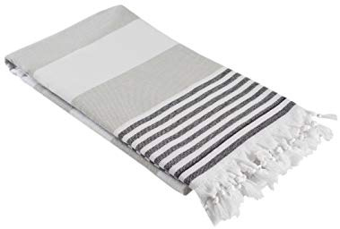 InfuseZen Terry Cloth Lined Turkish Bath & Beach Towel – Striped Design - 100% Organic Turkish Cotton - Soft, Lightweight, Absorbent Peshtemal - Quick Dry for Beach, Bath, Throw, Travel - Beige/Black