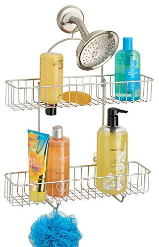 mDesign étagère de douche sans perçage - panier de douche à suspendre - serviteur de douche en métal pour savons, shampooing, etc. – avec 2 crochets et 2 paniers – argenté mat