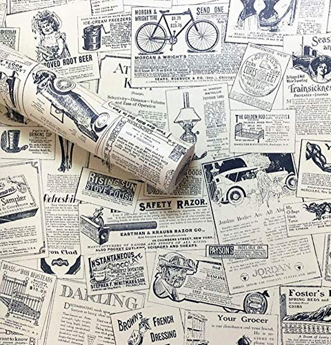 Amhao Dekoratives Papier, Vinyl, Vintage-Zeitung, selbstklebend, für Regale, Schubladen, Heimdekoration, 45 x 200,7 cm
