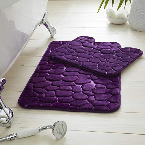 Premium 2 Piece 100% Memory Foam Pebble Bath Set, Super Soft Anti Slip Bathroom Toilet Rug Pedestal Mat, Purple