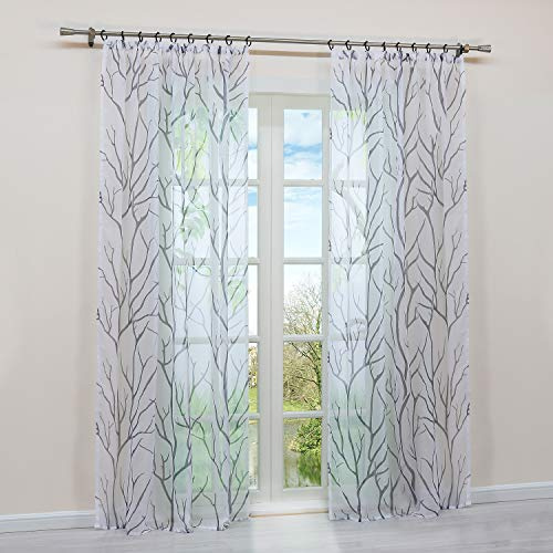 HongYa Gardine Transparent aus Voile mit Kräuselband und Zweigmuster | Weiß-Grau, H/B 245/140 cm, 1 Stück, lichtdurchlässig, pflegeleicht, weich fallend, für Wohnzimmer und Schlafzimmer