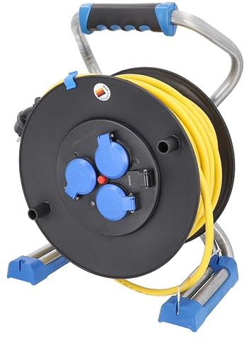 as - Schwabe Xperts Doppelrohr Profi-Kabeltrommel 40 m Panzerleitung K35 AT-N07V3V3-F 3G1,5 gelb 230V / 16 A, 3 Schutzkontaktsteckdosen mit Klappdeckel, USB Port, IP44, Made in Germany, Schwarz, 22631