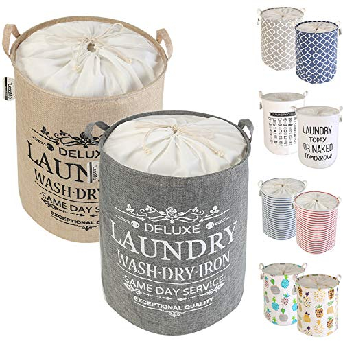 LessMo 2ST 19.7 Kordelzug Wäschekorb Lagerung Sorter, zusammenklappbare Pop-Up Wäschekörbe, wasserdichte Runde Baumwolle Leinen (Grau/Beige Verdickte 19.7 / groß)