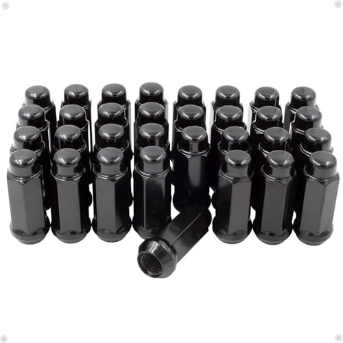 Wheel Accessories Parts 32 Pcs M14x1.5 14x1.5 Thread Bulge Acorn 2.25 Long Lug Nuts Black Chrome 3/4 19mm Hex Fits Chevy Silverado GMC Sierra 2500 3500 ｜ Ford F-250 F-350 ｜ Ram 2500 3500