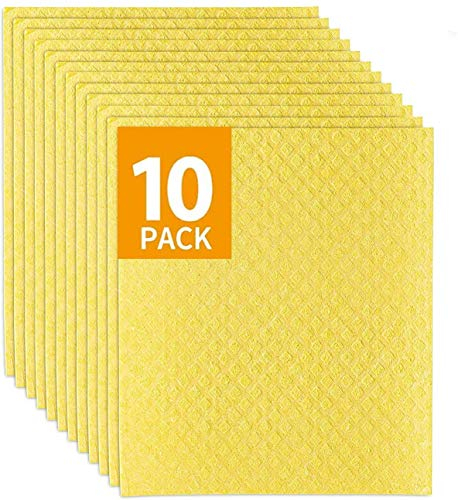 Swedish Dishcloths Eco Friendly Reusable Sustainable Biodegradable Cellulose Sponge Cleaning Cloths for Kitchen Dish Rags Washing Wipes Paper Towel Replacement Washcloths (10 Pack Yellow)