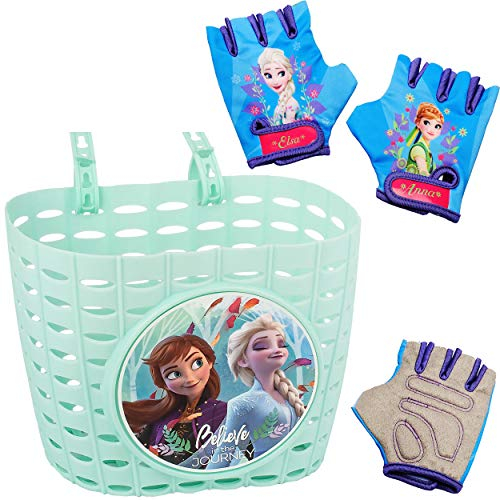 alles-meine.de GmbH 3 TLG. Set: Fahrradkorb/Korb + Fahrradhandschuhe - die Eiskönigin - Frozen - mit Befestigung für Lenker vorne - Fahrrad Kinder - Mädchen - Bastkorb - univer..