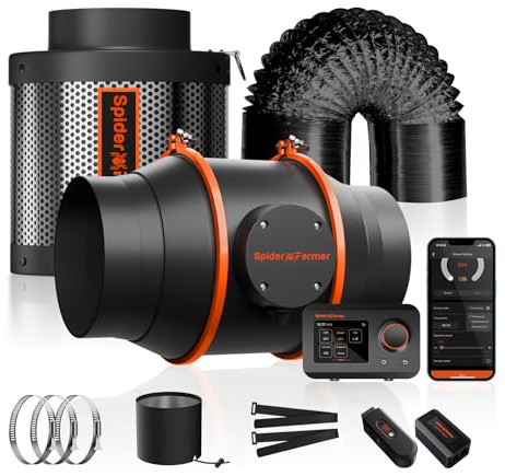 Spider Farmer Rohrventilator 150mm, 6 Inch Abluftset mit GGS Temperatur Feuchtigkeitssensor, Aktivkohlefilter Schlauch Abluft Lüfter, Belüftungssystem Lüftungsset für Growzelt, Growbox