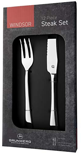 Grunwerg Windsor Carded 12-Piece Steak Cutlery Set, Contains 6 Steak Knives and 6 Steak Forks/Table Forks