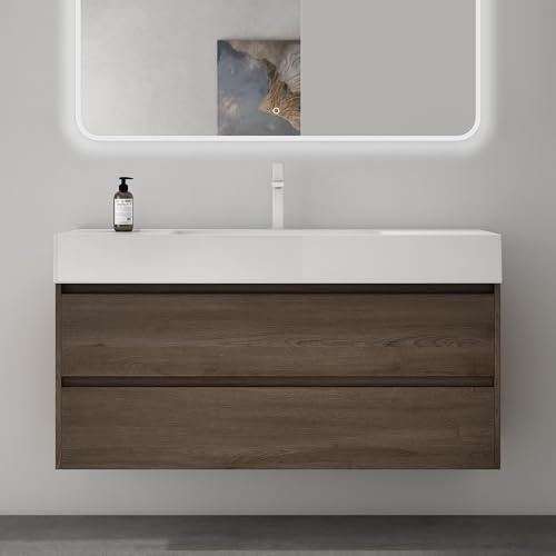 Mai & Mai Waschtisch mit Unterschrank Waschbeckenunterschrank 120x48x63cm | Badmöbel-Set mit 2-Schubladen in Eiche inkl. Waschbecken Anthrazit und LED-Badspiegel Deep