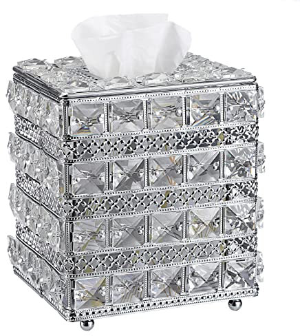Sumnacon Cubierta cuadrada de cristal para caja de pañuelos – Cubo brillante de cristal, soporte decorativo de tejido facial para dormitorio, baño, tocador, mesita de noche, mesa de encimera,