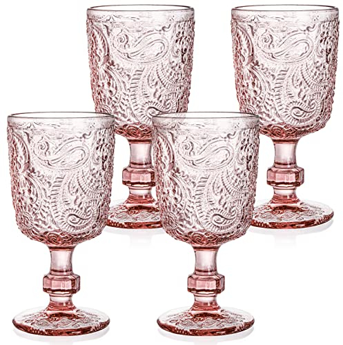 Tebery 4 Stück 300ml rosa Glas Weinkelch Vintage, 10oz farbige Getränke Stielglas Becher, geprägtes Design Glaswaren Set für Wasser, Saft, Wein, Bier und Cocktails