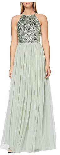 Maya Deluxe Womens Ladies Bridesmaid Maxi Dress Halter Neck Sequin Embellished Prom Graduation Wedding Vestido de Dama de Honor, Verde, 46 para Mujer